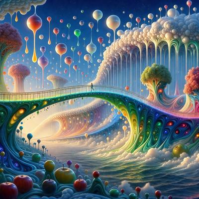 The primary subject of the image is a colorful, whimsical scene featuring a rainbow bridge with a person walking across it. The setting is a vibrant, surreal landscape with a variety of objects, including balloons, apples, and trees. The visual style is a combination of digital art and illustration, creating a whimsical and imaginative atmosphere. The colors and mood are predominantly bright and cheerful, with a sense of wonder and playfulness.